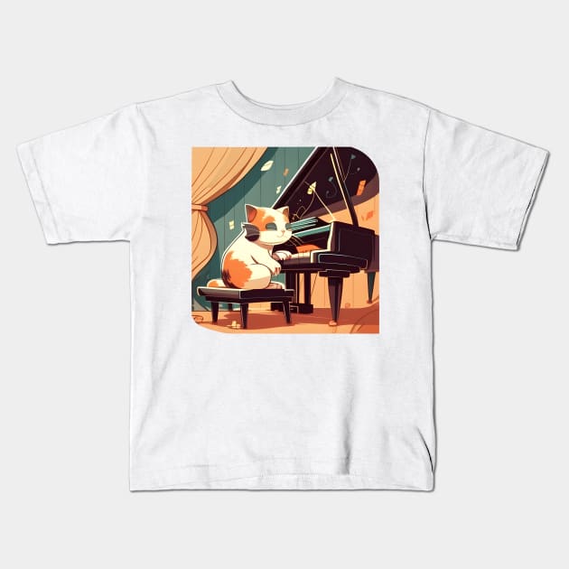 Cute Cat Kitty Playing Keyboard Piano Funny Player Kids T-Shirt by Karin Wright